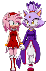 Size: 600x913 | Tagged: safe, artist:kaomaou, artist:x-soniatyler-x, amy rose, blaze the cat, cat, hedgehog, amy x blaze, amy's halterneck dress, blaze's tailcoat, duo, female, females only, hair over one eye, holding hands, lesbian, looking at each other, shipping, simple background, smile, transparent background, walking