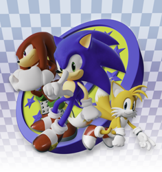 Size: 2123x2247 | Tagged: safe, artist:tbsf-yt, knuckles the echidna, miles "tails" prower, sonic the hedgehog, echidna, fox, hedgehog, 3d, box art, checkered background, clenched fist, clenched fists, flying, frown, looking at viewer, looking offscreen, male, males only, pointing, remake, sonic mega collection, team sonic, trio