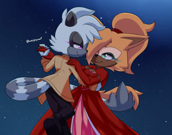 Size: 1280x1006 | Tagged: safe, artist:amipiyoart, artist:melliepiyo, tangle the lemur, whisper the wolf, lemur, wolf, dancing, dress, duo, female, females only, hair over one eye, hand on shoulder, holding hands, holding them, lesbian, lidded eyes, looking at each other, nighttime, one fang, shipping, signature, smile, star (sky), suit, tail hold, tangle x whisper
