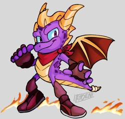 Size: 1118x1066 | Tagged: safe, artist:artisyone, bandana, barely sonic related, boots, crossover, dragon, fingerless gloves, fire, grey background, looking at viewer, male, mobianified, simple background, smile, solo, spyro the dragon, thumbs up
