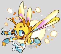 Size: 1228x1096 | Tagged: safe, artist:artisyone, barely sonic related, boots, dragonfly, flying, grey background, looking at viewer, mobianified, mouth open, simple background, solo, sparx the dragonfly