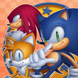 Size: 1150x1150 | Tagged: safe, artist:wendercarlosart, knuckles the echidna, miles "tails" prower, sonic the hedgehog, echidna, fox, hedgehog, box art, checkered background, clenched fists, fist, looking at viewer, looking offscreen, male, males only, pointing, redraw, smile, sonic mega collection, team sonic, trio
