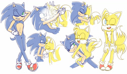 Size: 1024x600 | Tagged: safe, artist:kirsa-w, miles "tails" prower, sonic the hedgehog, fox, hedgehog, cute, duo, gay, gloves, hand on hip, hugging, kiss, kiss on head, riding on back, selfie, shipping, shoes, signature, simple background, socks, sonic x tails, v sign, white background, wink