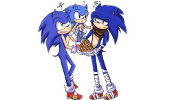 Size: 1024x600 | Tagged: safe, artist:kirsa-w, sonic the hedgehog, hedgehog, bandana, birthday, child, chili dog, classic sonic, food, gloves, holding something, holding them, modern sonic, plate, question mark, self paradox, shoes, simple background, smile, socks, sonic boom (tv), standing, standing on one leg, star (symbol), transparent background, trio