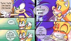 Size: 1024x600 | Tagged: safe, artist:kirsa-w, miles "tails" prower, sonic the hedgehog, fox, hedgehog, blushing, comic, cute, dialogue, duo, gay, gloves, hugging, indoors, panels, shipping, smile, sonic x tails, speech bubble, standing