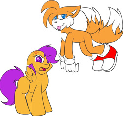 Size: 1024x961 | Tagged: safe, artist:sparkle-the-cat-13, miles "tails" prower, fox, angry, cartoon logic, child, crossover, duo, floppy ears, flying, gloves, looking at viewer, mouth open, pegasus, pony, scootaloo, shoes, simple background, socks, standing, tongue out, white background