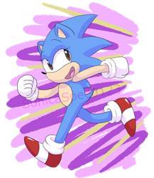 Size: 1280x1472 | Tagged: safe, artist:sonicaspeed123, sonic the hedgehog, hedgehog, abstract background, gloves, looking offscreen, mouth open, running, semi-transparent background, shoes, socks, solo