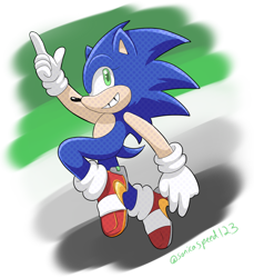 Size: 1280x1398 | Tagged: safe, artist:sonicaspeed123, sonic the hedgehog, hedgehog, abstract background, aromantic pride, clenched teeth, gloves, looking at viewer, mid-air, pointing, pride flag background, semi-transparent background, shoes, signature, smile, soap shoes, socks, solo
