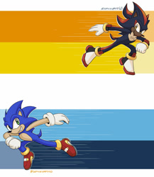 Size: 1280x1478 | Tagged: safe, artist:sonicaspeed123, shadow the hedgehog, sonic the hedgehog, hedgehog, aro ace pride, aromantic pride, asexual pride, clenched fist, duo, gloves, looking at viewer, posing, shoes, signature, smile