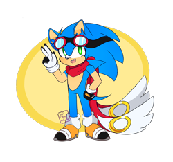 Size: 1600x1500 | Tagged: safe, artist:syrcaii, sonic the hedgehog, hedgehog, abstract background, gloves, goggles, hand on hip, looking at viewer, mouth open, project wind, ring, scarf, semi-transparent background, shoes, signature, socks, solo, standing, v sign