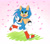 Size: 1920x1690 | Tagged: safe, artist:syrcaii, sonic the hedgehog, hedgehog, au:resonance, boots, clenched fist, gloves, gradient background, grass, looking up, mouth open, nonbinary, one fang, petals, running, signature, socks, solo