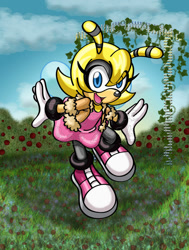 Size: 800x1059 | Tagged: safe, artist:bellseashell, saffron bee, bee, arms out, aviator jacket, clouds, dress, flower, flying, gloves, looking at viewer, mouth open, pink shoes, shoes, solo