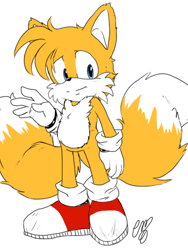 Size: 600x800 | Tagged: safe, artist:candicindy, miles "tails" prower, fox, fluffy, gloves, looking at viewer, shoes, signature, simple background, smile, socks, solo, standing, white background
