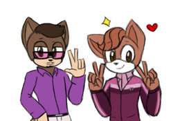 Size: 1024x715 | Tagged: safe, artist:maddiethehedgie, cat, fox, bernie crane, double v sign, duo, gay, grand theft auto iv, heart, looking at viewer, mobianified, shipping, simple background, smile, star (symbol), sunglasses, tony prince, v sign, white background