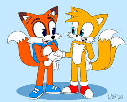 Size: 1280x1024 | Tagged: safe, artist:laguns89, miles "tails" prower, fox, blue background, cape, crossover, duo, ear fluff, gloves, hand on hip, looking at each other, lucky swiftail, mouth open, one fang, shaking hands, shoes, signature, simple background, socks, standing