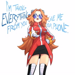 Size: 3300x3300 | Tagged: safe, artist:mekraniart, robotnik, oc, oc:eggma'am (ciosuii), human, dialogue, from below, gender swap, give me your phone, hand on hip, looking at viewer, looking down, meme, real-time fandub games, simple background, solo, white background