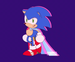 Size: 480x400 | Tagged: safe, artist:qu1mser, sonic the hedgehog, hedgehog, animated, cape, classic sonic, gay pride, gif, gloves, looking at viewer, pride, purple background, shoes, simple background, smile, socks, solo, trans pride, walking