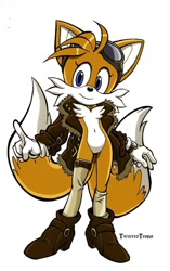 Size: 804x1280 | Tagged: safe, artist:twisted-wind, artist:zenox-furry-man, miles "tails" prower, fox, aged up, aviator jacket, boots, female, gender swap, gloves, goggles, long socks, looking offscreen, modern style, pointing, signature, simple background, smile, solo, standing, white background