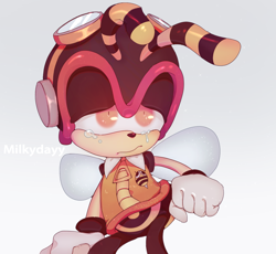 Size: 1152x1058 | Tagged: safe, artist:adreamcalledeternity, charmy bee, bee, child, clenched fist, crying, frown, gloves, goggles, grey background, jacket, looking offscreen, pilot hat, sad, signature, simple background, solo, standing, tears of sadness