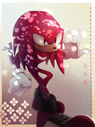 Size: 1355x1800 | Tagged: safe, artist:adreamcalledeternity, knuckles the echidna, echidna, flower, frown, gloves, looking offscreen, shoes, solo, walking