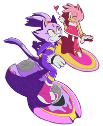 Size: 1024x1250 | Tagged: safe, artist:darkwingdumbass, amy rose, blaze the cat, cat, hedgehog, amy x blaze, blowing a kiss, duo, extreme gear, flirting, heart, lesbian, looking at each other, one fang, riders style, shipping, simple background, smile, sonic riders, transparent background, wink