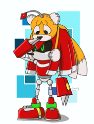 Size: 990x1300 | Tagged: safe, artist:chinatsu-iwakura, tails doll, sonic r, abstract background, black sclera, boop, duo, genderless, green eyes, headlight, metal knuckles, robot, standing, stuffed animal