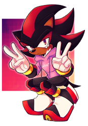 Size: 874x1254 | Tagged: dead source, safe, artist:aatroxvaux, shadow the hedgehog, hedgehog, abstract background, crouching, double v sign, frown, gloves, hoodie, looking at viewer, pink hoodie, redesign, semi-transparent background, shoes, solo