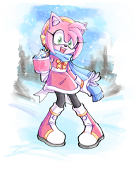 Size: 1217x1577 | Tagged: safe, artist:aatroxvaux, amy rose, hedgehog, boots, gloves, looking at viewer, mouth open, scarf, semi-transparent background, snow, solo, standing, winter, winter outfit