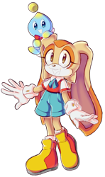 Size: 954x1611 | Tagged: safe, artist:aatroxvaux, cheese (chao), cream the rabbit, chao, rabbit, gloves, looking at viewer, mouth open, neutral chao, redesign, shoes, shorts, simple background, socks, solo, standing, transparent background