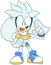 Size: 721x924 | Tagged: safe, artist:cherucat, silver the hedgehog, hedgehog, bracelet, chibi, clenched fist, crop top, mouth open, one fang, pointing, shoes, shorts, simple background, solo, standing, star (symbol), transparent background