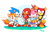 Size: 1000x680 | Tagged: safe, artist:rontufox, amy rose, knuckles the echidna, mighty the armadillo, miles "tails" prower, sonic the hedgehog, armadillo, echidna, fox, hedgehog, child, classic amy, classic knuckles, classic sonic, classic style, classic tails, eyes closed, female, grass, group, male, mouth open, piko piko hammer, signature, smile, standing on one leg, v sign, waving