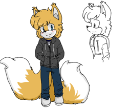 Size: 800x700 | Tagged: safe, artist:candicindy, skye prower, fox, aged up, blushing, frown, hands in pocket, hoodie, looking at viewer, male, pants, redesign, simple background, sketch, solo, standing, two tails, white background