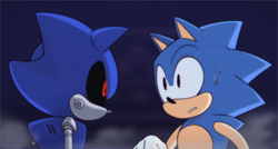 Size: 1220x655 | Tagged: safe, artist:alyrian, metal sonic, sonic the hedgehog, hedgehog, sonic the ova, black sclera, clenched teeth, duo, dust clouds, looking at each other, red pupils, redraw, robot, sweatdrop