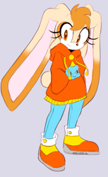 Size: 407x663 | Tagged: safe, artist:zhiresart, cream the rabbit, chao, rabbit, aged up, female, frown, grey background, hands in pocket, hoodie, long ears, looking offscreen, neutral chao, pants, redesign, simple background, solo