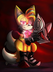 Size: 1280x1749 | Tagged: safe, artist:worldcrosser, miles "tails" prower, fox, abstract background, alignment swap, black gloves, black shoes, evil, frown, glowing, glowing eyes, holding something, infinite tails, infinite's mask, lidded eyes, looking offscreen, male, phantom ruby, signature, solo, watermark