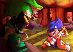 Size: 1280x907 | Tagged: semi-grimdark, artist:worldcrosser, miles "tails" prower, scourge the hedgehog, sonic the hedgehog, fox, hedgehog, angry, bending over, bleeding, blood, bruise, clenched teeth, evil grin, eye twitch, eyes closed, hands on hips, holding them, implied fight, injured, kneeling, looking at each other, male, males only, rock, scratch (injury), shrunken pupils, sunset, this will end in blood, tree, trio, watermark, wound