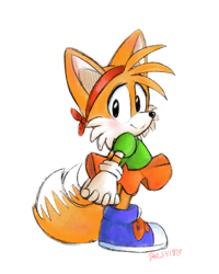 Size: 800x1000 | Tagged: safe, artist:devotedsidekick, miles "tails" prower, fox, amy's classic dress, blushing, crossdressing, dress, hands behind back, hands together, headscarf, looking at viewer, outfit swap, signature, simple background, smile, solo, white background