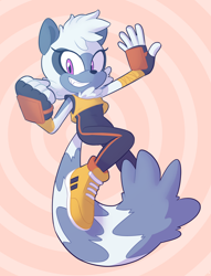 Size: 1024x1340 | Tagged: safe, artist:sp-rings, tangle the lemur, lemur, abstract background, clenched fist, clenched teeth, female, looking at viewer, one fang, smile, solo, tangle's running suit