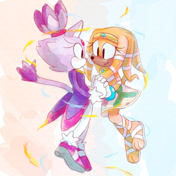 Size: 1024x1024 | Tagged: safe, artist:sp-rings, blaze the cat, tikal, cat, echidna, abstract background, blaze's tailcoat, crack shipping, duo, female, females only, fire, flying, holding hands, lesbian, looking at each other, opposites attract, shipping, smile, tikaze, water