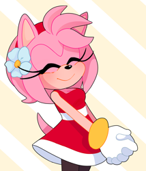 Size: 1024x1197 | Tagged: safe, artist:sp-rings, amy rose, hedgehog, abstract background, amybetes, dress, eyes closed, flower, hair over one eye, hands together, shorts, smile, solo