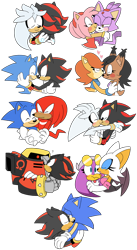 Size: 1024x1862 | Tagged: safe, artist:cherucat, amy rose, blaze the cat, e-123 omega, knuckles the echidna, nicole the hololynx, rouge the bat, sally acorn, shadow the hedgehog, silver the hedgehog, sonic the hedgehog, wave the swallow, bat, bird, cat, chipmunk, echidna, hedgehog, lynx, swallow, amy x blaze, blushing, cute, everyone is here, female, gay, group, hugging, kiss, kiss on cheek, knuxonic, lesbian, male, nicole x sally, omegadow, robot, shadow x silver, shadow x sonic, shipping, simple background, transparent background, wavouge
