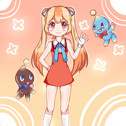 Size: 1021x1020 | Tagged: safe, artist:yumethenekomata, cheese (chao), chocola (chao), cream the rabbit, chao, human, abstract background, blushing, bowtie, dress, flying, gloves, gradient background, hand behind back, humanized, looking at them, looking at viewer, mouth open, ponytails, shoes, smile, socks, trio, waving