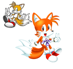 Size: 585x555 | Tagged: safe, artist:yumethenekomata, miles "tails" prower, fox, sonic adventure, classic style, classic tails, gloves, lineless, looking at viewer, mouth open, no outlines, redraw, reference inset, rhythm badge, shoes, simple background, socks, solo, v sign, white background