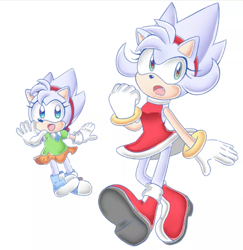 Size: 825x849 | Tagged: safe, artist:yumethenekomata, amy rose, hedgehog, amy's classic dress, amy's halterneck dress, boots, classic amy, clenched fist, duo, flying, gloves, headband, headscarf, hyper amy, hyper form, looking at viewer, looking offscreen, mouth open, one fang, simple background, socks, waving, white background