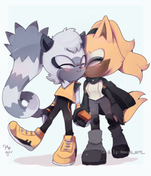 Size: 1280x1495 | Tagged: safe, artist:cometshina, tangle the lemur, whisper the wolf, lemur, wolf, blue background, blushing, duo, eyes closed, female, females only, gloves, holding hands, kiss, kiss on cheek, lesbian, shipping, shoes, signature, simple background, standing on one leg, tangabetes, tangle x whisper, tangle's running suit, walking, whispabetes