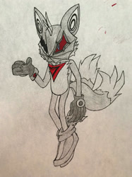 Size: 1024x1366 | Tagged: safe, artist:inukoexo, miles "tails" prower, fox, claws, gloves, infinite tails, infinite's mask, pencilwork, phantom ruby, shoes, socks, solo, two tails, wristband