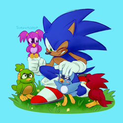 Size: 1280x1280 | Tagged: dead source, safe, artist:survivalstep, flicky, sonic the hedgehog, bird, hedgehog, sonic 3d blast, ambiguous gender, blue background, clenched teeth, cute, eyes closed, flowers, grass, group, looking at them, male, one eye closed, simple background