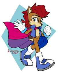 Size: 1023x1274 | Tagged: dead source, safe, artist:survivalstep, sally acorn, chipmunk, abstract background, bisexual pride, boots, cape, clenched fist, featured image, female, gloves, looking at viewer, pride, sally's vest and boots, semi-transparent background, smile, solo, walking, waving