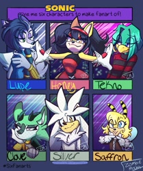 Size: 1005x1200 | Tagged: safe, artist:zombiemocha, clove the pronghorn, honey the cat, lupe the wolf, saffron bee, silver the hedgehog, tekno the canary, bee, bird, cat, deer, hedgehog, wolf, canary, female, group, male, six fanarts