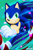 Size: 2000x3000 | Tagged: safe, artist:galaxy-pop, sonic the hedgehog, hedgehog, sonic frontiers, abstract background, clenched fist, clenched teeth, lineless, looking at viewer, male, no outlines, running, signature, solo